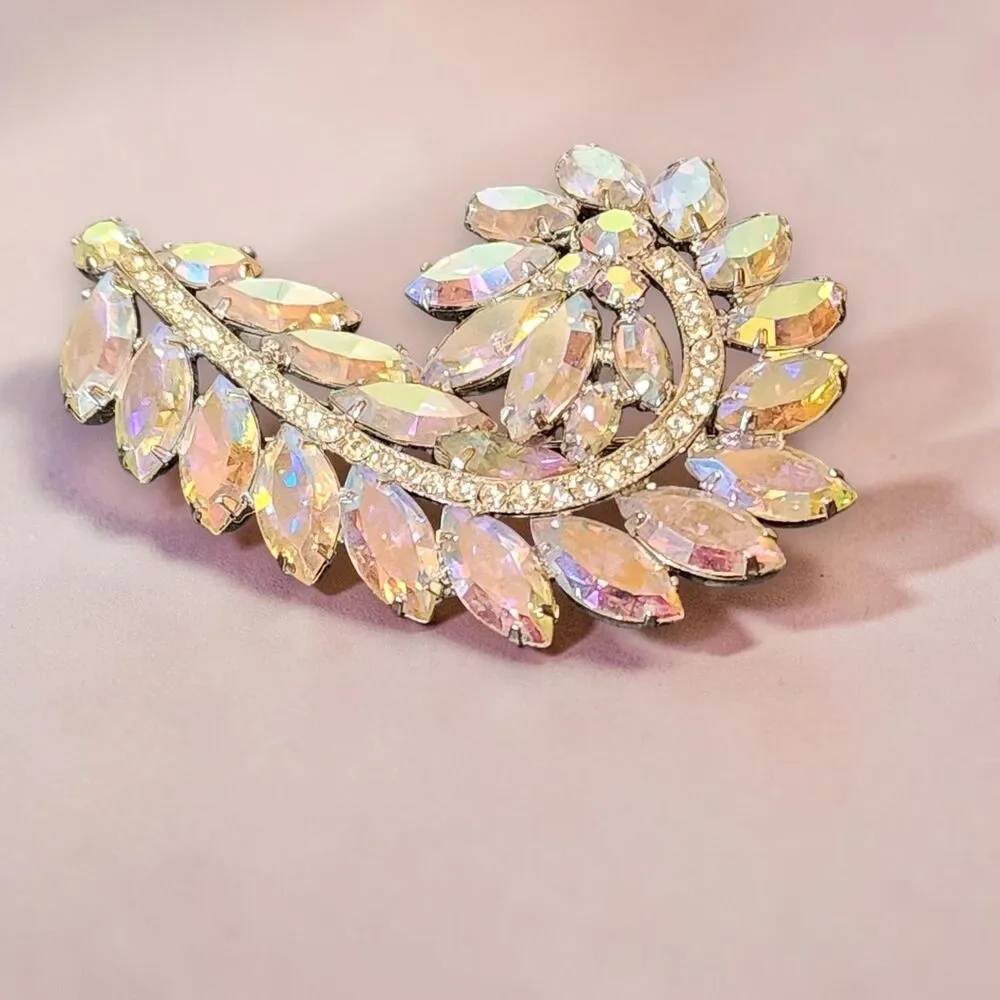 VTG AB Rhinestone Floral Leaf Brooch Pin Large 3